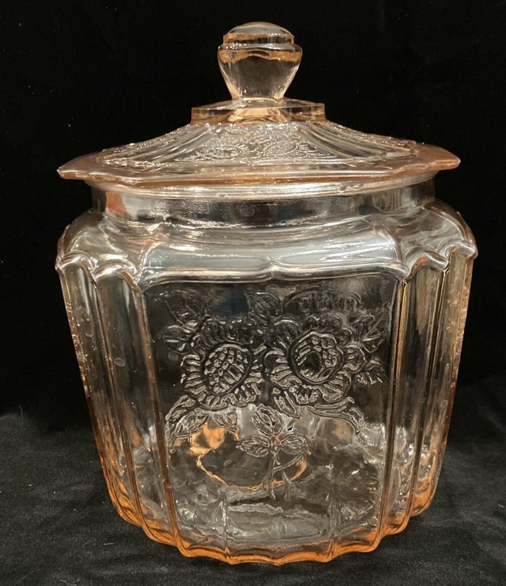 Vintage Pink Anchor Hocking DEPRESSION GLASS Cracker Cookie Jar MAYFAIR Rose